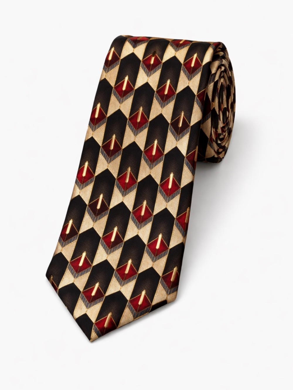 Bill Blass Black Label Men’s Tie Silk Vintage Geometric Pattern Black Blue Gold
